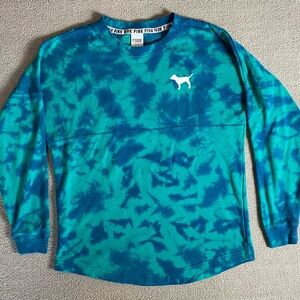 Blue and Green Tie-Dye Victoria Secret PINK Long Sleeve Campus Tee